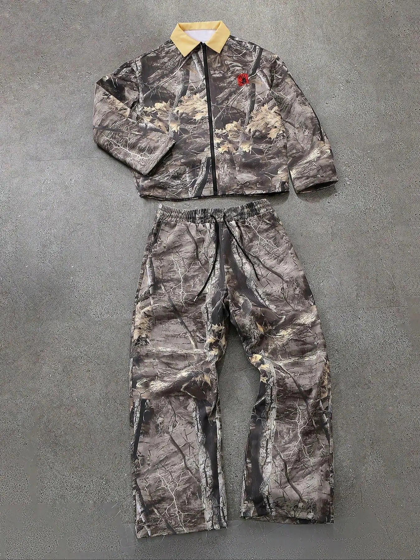 Men's Camo Tree Branches Print Zip Up Jacket & Drawstring Waist Pants Two-piece Set, Regular Fit Casual Long Sleeve Collared Outerwear & Pocket Straight Leg Trousers for Daily Wear, Men's Spring & Fall Clothes