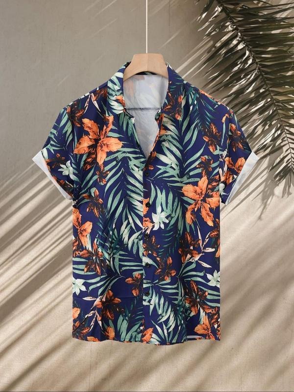 Men's Floral Print Short Sleeve Shirt, Regular Fit Casual Button Up Top for Summer, Fashion Men's Clothes for Beach Vacation, Menswear
