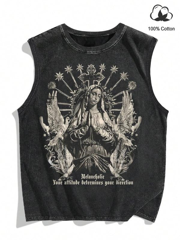 Men's Guadalupe Print Round Neck Tank Top, Regular Fit Casual Fashion Sleeveless Top for Summer, Men's Clothes for Daily Wear, Socks