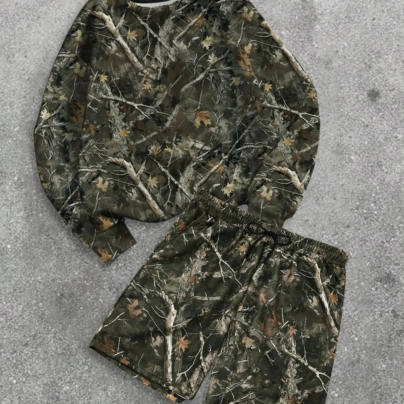 Men's Tree Camo Print Sweatshirt & Shorts Two-Piece Set, Regular Fit Casual Street Round Neck Long Sleeve Pullover & Shorts, Men's Spring & Fall Clothes