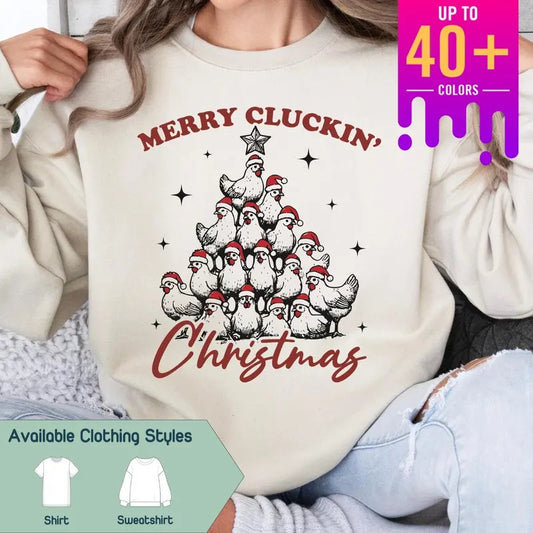 Merry Cluckin' Christmas Sweatshirt, Funny Farmhouse Chickens Tee, Chickens Christmas Gift, Cute Tee, Gift for Best Friend, Gift for Him & Her - Trending, Crew Neck, Top christmas season