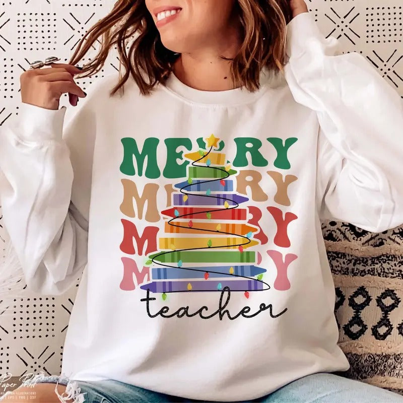 Merry Teacher T-Shirt, Teacher Christmas Sweatshirt, Christmas Gifts for Teachers, Merry Christmas Clothing, Unisex Cotton Crewneck