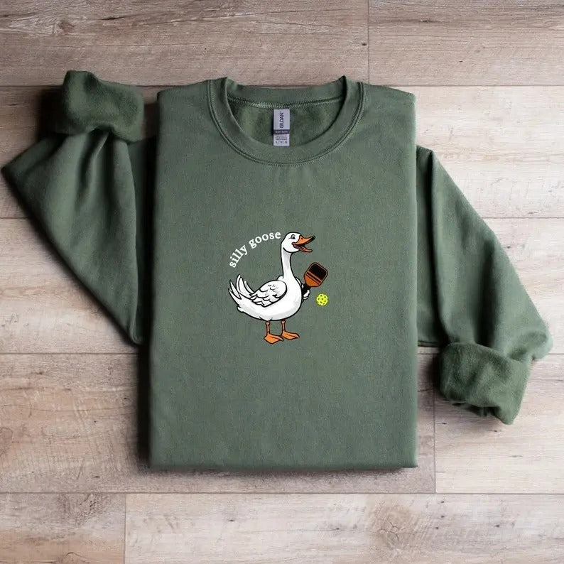 Pickleball Sweatshirt with Silly Goose Graphic Shirt, Unisex Athletic Pullover Hoodie, Perfect Gift for Pickleball Lovers Classic Crewneck Menswear