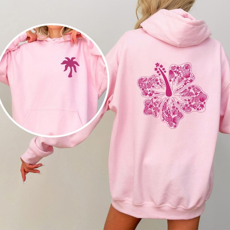 Pink Palm Puff Hoodie for Women, Cute 2025 Preppy Graphic Hoodie, Soft Aesthetic Long Sleeve Drawstring Top, Heavyweight Cotton Hoodie, Gift For Him, For Her