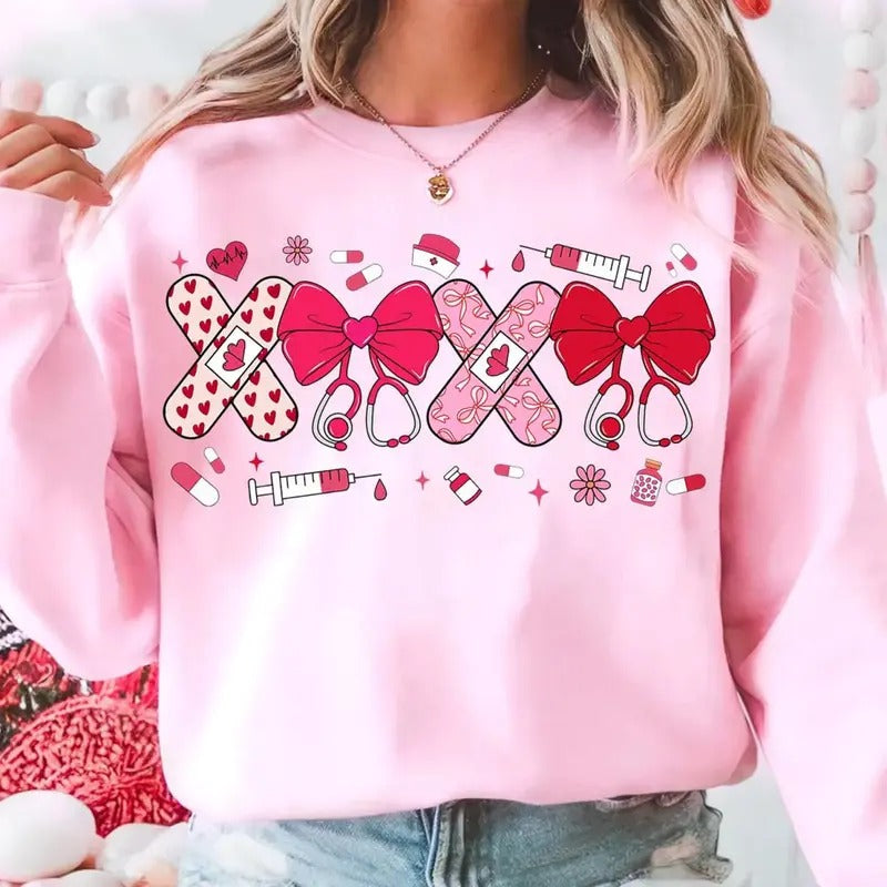 Pink Valentine Nurse Sweatshirt, Coquette Valentine Nurse T-Shirt, Nurse Life Valentine Tee Shirt, Nurse Valentine Sweater, Xoxo Valentine Nurse Tee, Gift For Valentine's Day