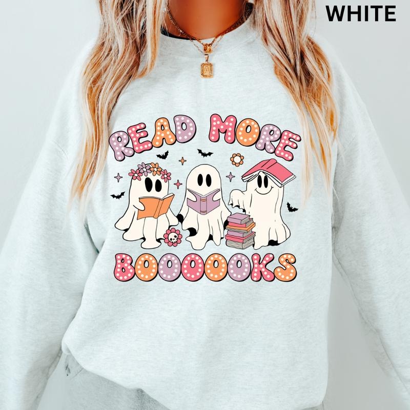 Read More Books, Halloween Graphic Crewneck, Ghosts and Books Sweatshirt, Booktok, Book Lover Halloween Gift, Oversized Cotton Crewneck Casual Halloween Spooky Season