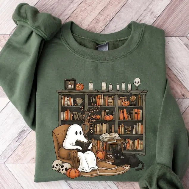 Retro Ghost Reading Books Sweatshirt, Librarian Ghost Halloween, Halloween Teacher Sweatshirt, Halloween Shirt, Teacher Gift, Boo School