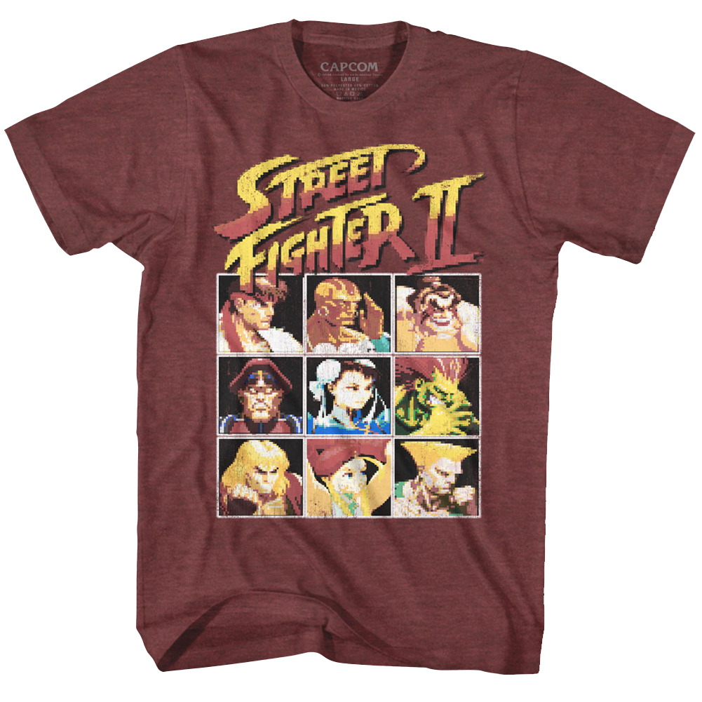 Street Fighter Mens S/S T-Shirt - 8Bit - Heather Vintage Maroon Heather