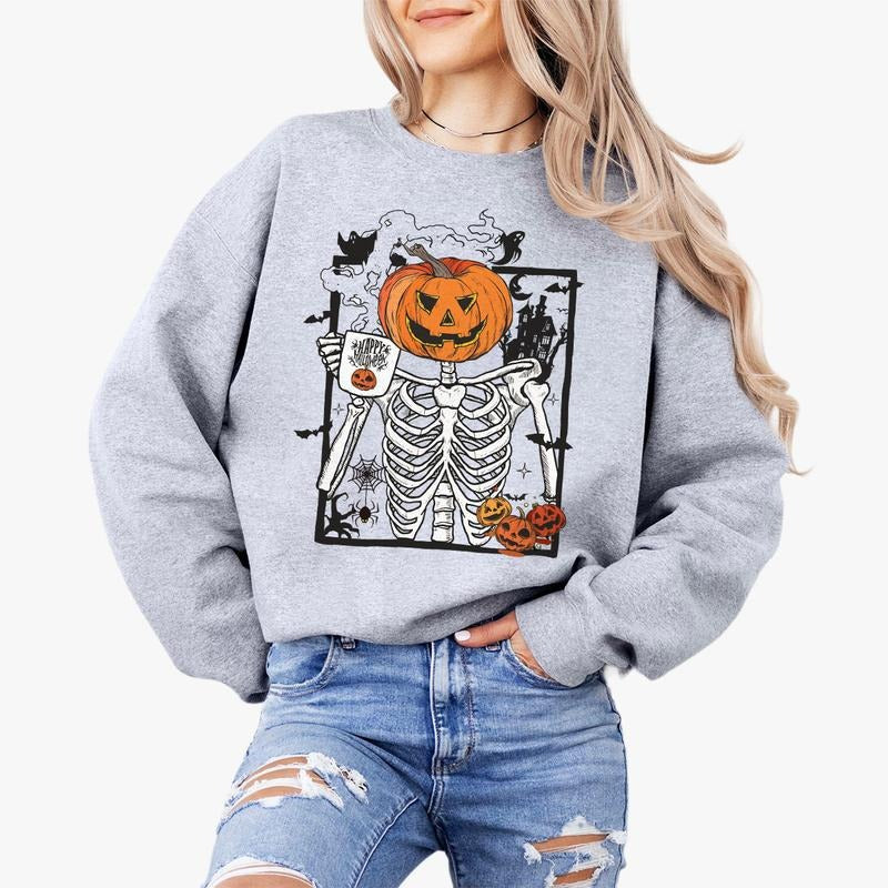 Skeleton Drinking Coffee Halloween Shirt, Halloween Skeleton Shirt Family, Pumpkin Skeleton Tee, Funny Skeleton Pumpkin Halloween Party, Spooky Season Tee for Mama, Coffee Lover Shirt, Thanksgiving TShirt, Cute Fall Shirt, Comfort Shirt for Mom, Women Top