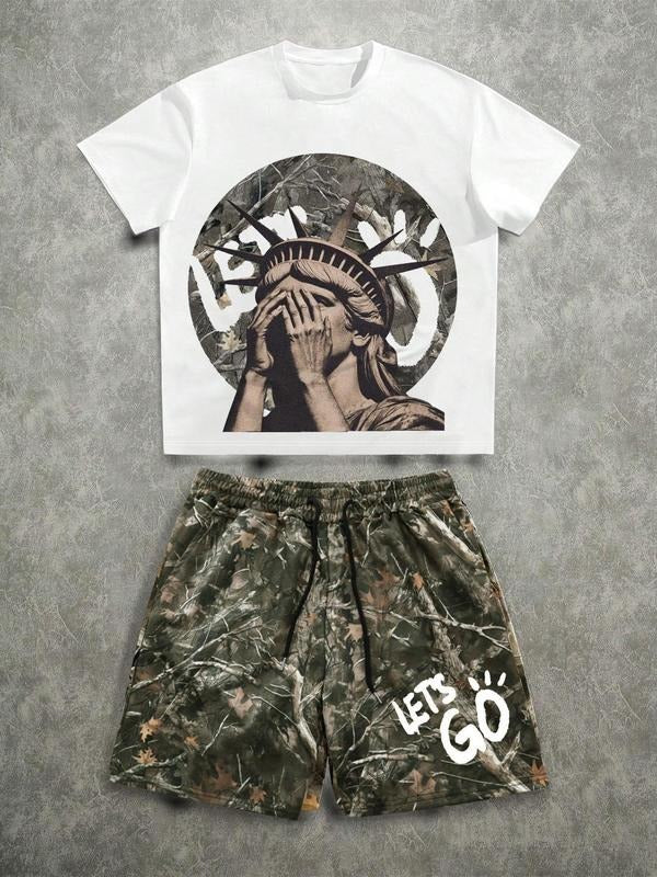 Two-piece Set Men's Statue Of Liberty Print Tee & Camo Print Shorts, Regular Fit Casual Fashion Cozy Round Neck Short Sleeve T-shirt & Shorts, Men Two-piece Outfits for Summer, Menswear