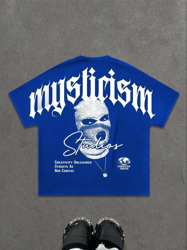 Unisex's Myysticism Letter Print Short Sleeve Graphic Tee, Casual Comfy Street Fashion T-shirt for Daily Wear, Unisex Top for Summer, Man
