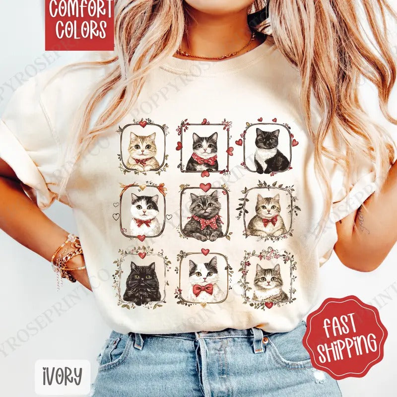 Valentine Cats Shirt Comfort Colors, Valentine's Day Women's Tee, Cat Lover Women's Tshirt
