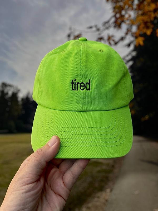 tired - neon green and black embroidery hat - BRAT inspired