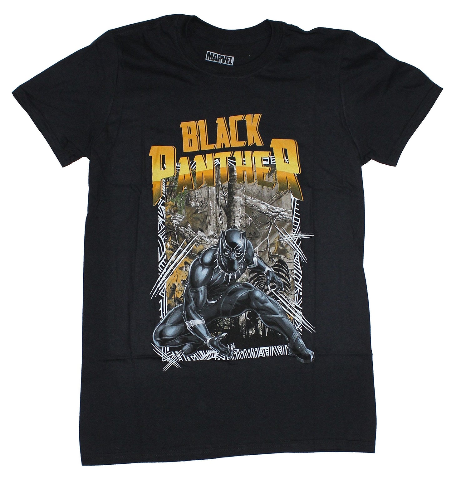 Black Panther Mens T-Shirt - Camo Forest Panther Under Yellow Logo