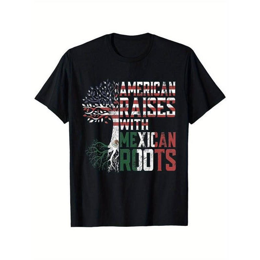[100% Cotton] Men'S Casual Cotton T-Shirt, American Raised with Mexican Roots Print,