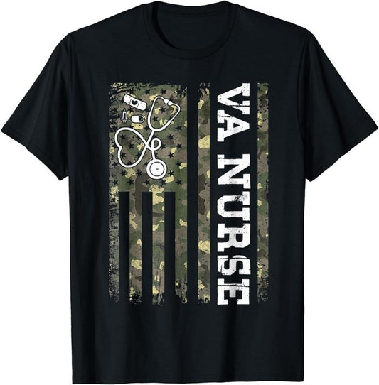 [100% Cotton] VA Nurse Camouflage American Flag Patriotic Nurse Week 2024 T-Shirt