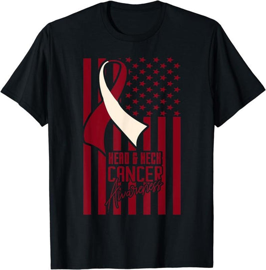 [100% Cotton]Head & Neck Cancer Awareness American Flag Burgundy Ivory T-Shirt