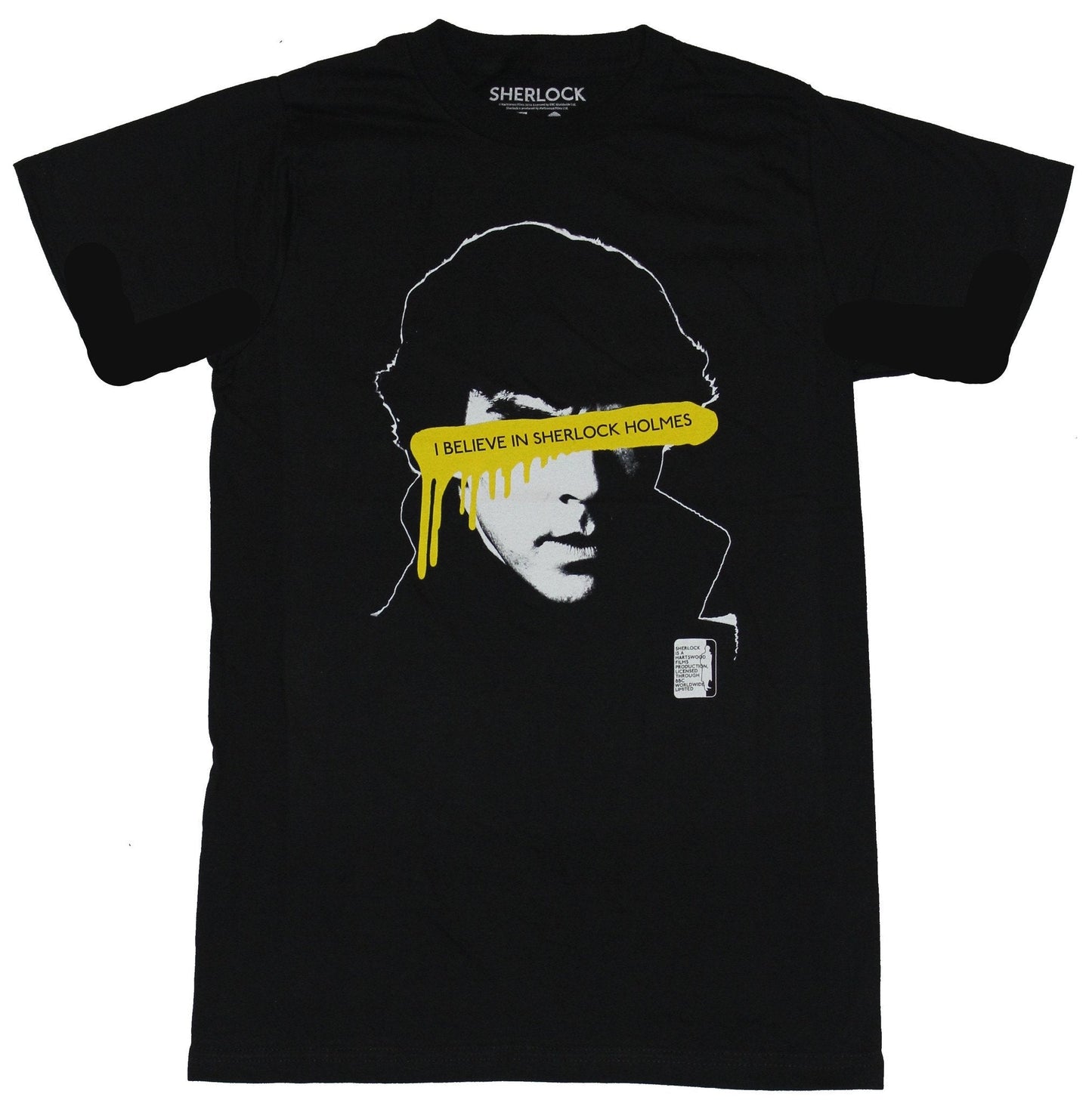 Sherlock BBC Show Mens T-Shirt - I Believe in Sherlock Holes Dripping Face Image