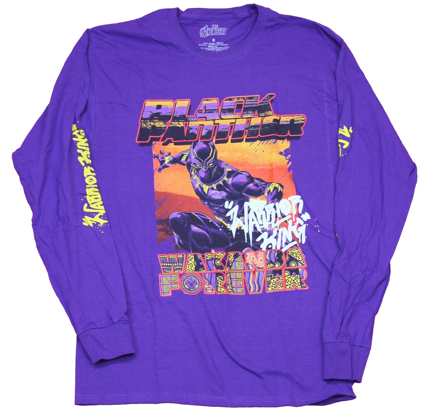 Black Panther Mens Long Sleeve T-Shirt  - Wakanda Forever Warrior King Sunset Pose