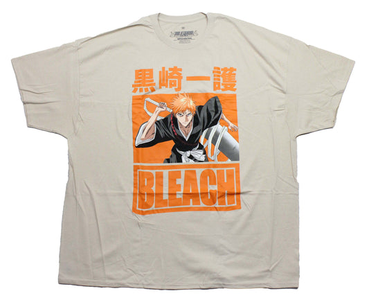 Bleach Mens T-Shirt - Ichigo Grabbing Sword Orange Background Kanji Name