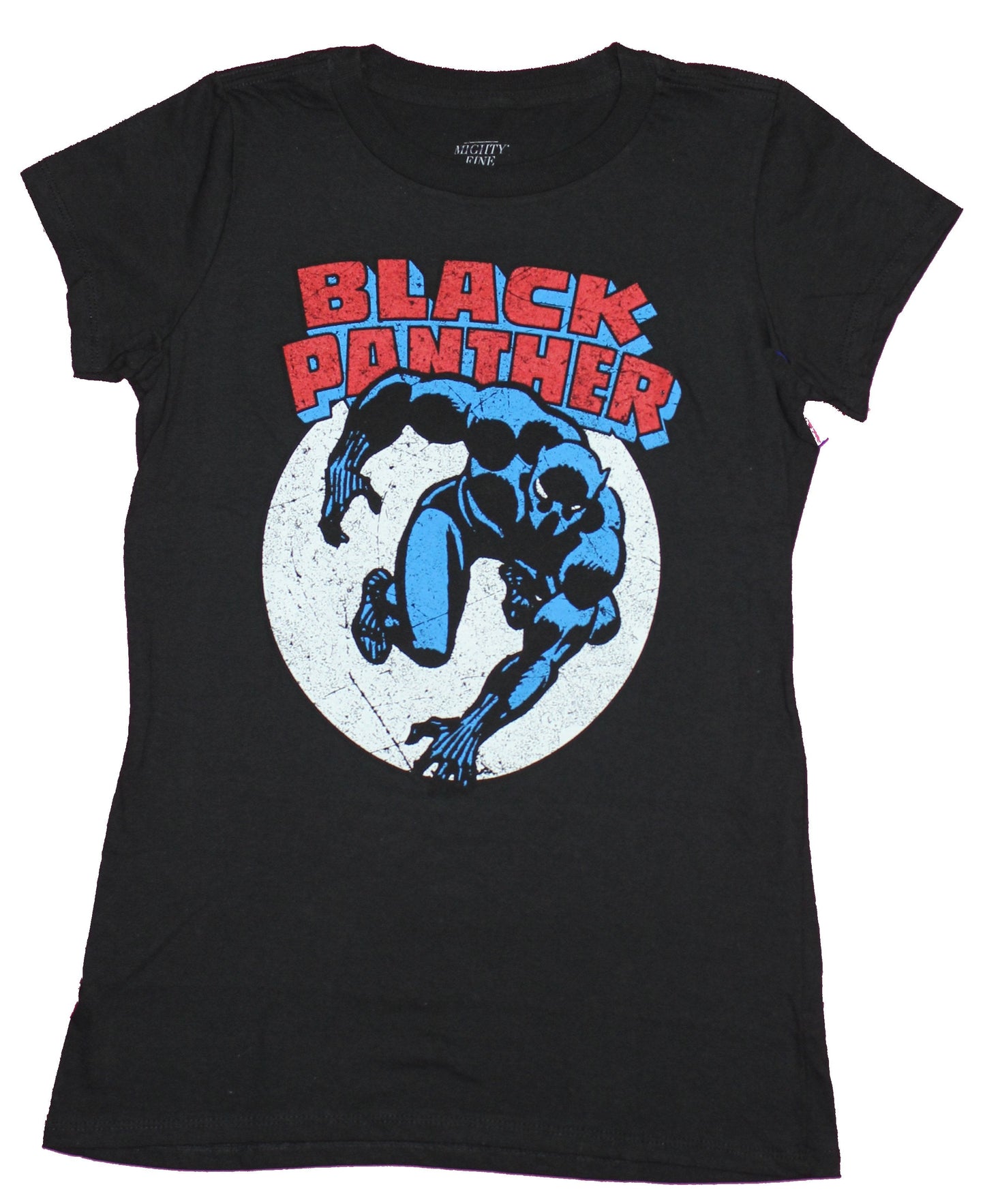 Black Panther Girls Juniors T-Shirt- Retro Black Panther In Spotlight Distressed