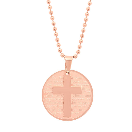 18k Rose Gold Plated Stainless Steel Round Our Father Prayer Pendant With Cross