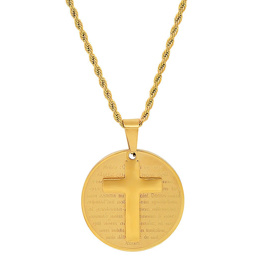 18K Gold Plated Stainless Steel Round Portuguese Prayer And Cross Pendant