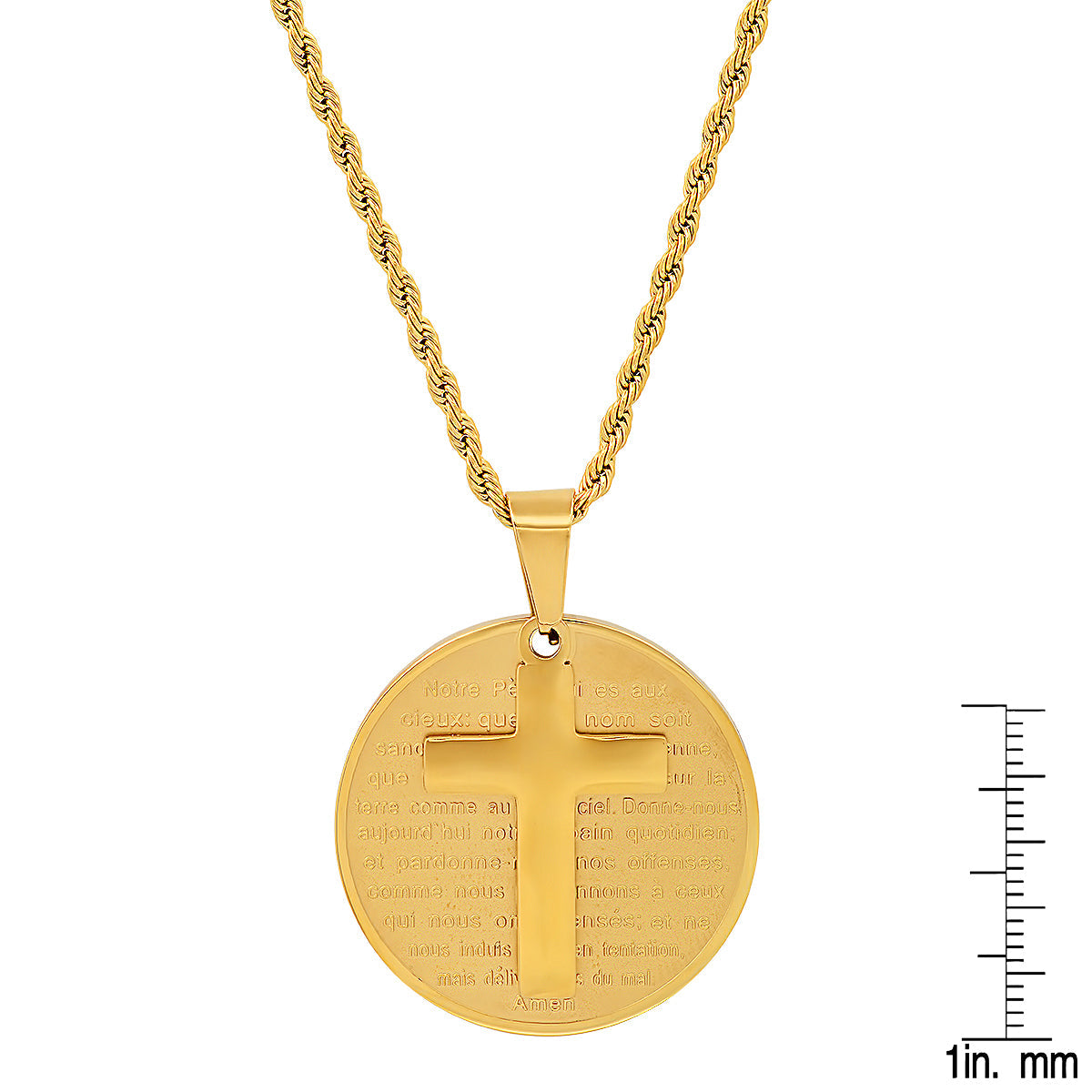 18K Gold Plated Stainless Steel Round Portuguese Prayer And Cross Pendant
