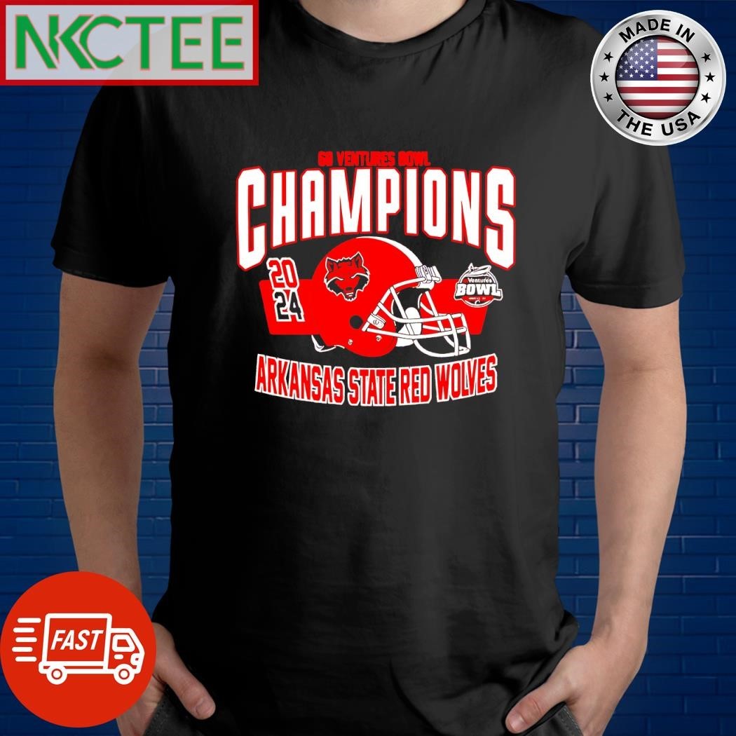 68 Ventures Bowl Champions 2024 Arkansas State Red Wolves helmet shirt