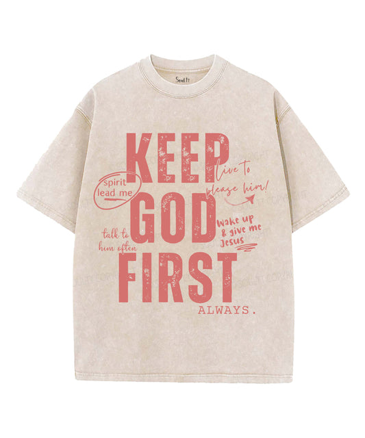 Keep God First Unisex Washed Christian T-shirt