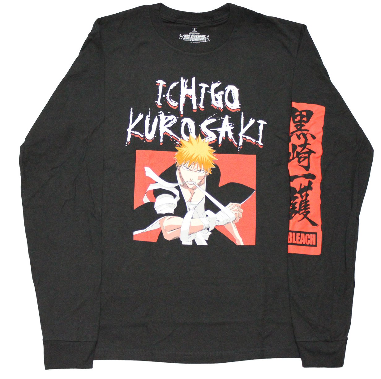 Bleach Mens T-Shirt - Ichigo Kuros Biting Ribbon Kanji on Left Sleeve