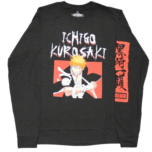 Bleach Mens T-Shirt - Ichigo Kuros Biting Ribbon Kanji on Left Sleeve