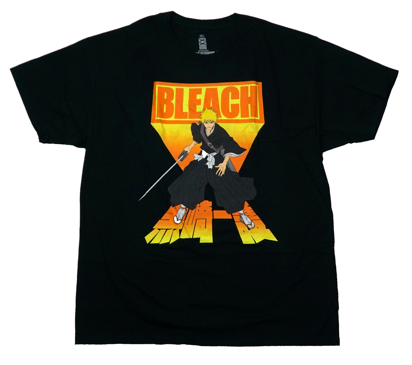 Bleach Mens T-Shirt - Standing on Orange Kanji Block Logo Below Bleach Name