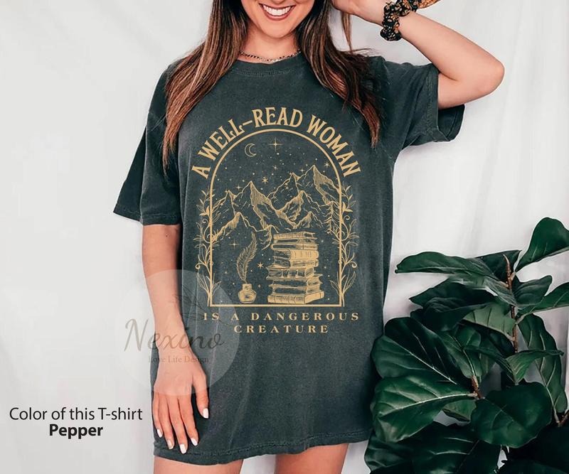 A Well Read Woman Bookish  T-Shirt, Book Lovers Gift Shirts, A Dangerous Creature, Dark Academia, Reader Library Bookish Check
