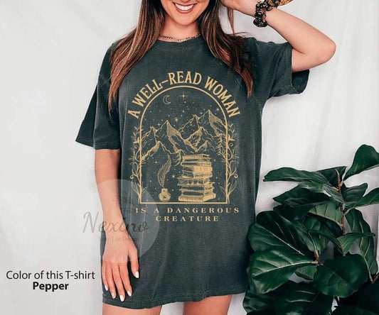 A Well Read Woman Bookish  T-Shirt, Book Lovers Gift Shirts, A Dangerous Creature, Dark Academia, Reader Library Bookish Check