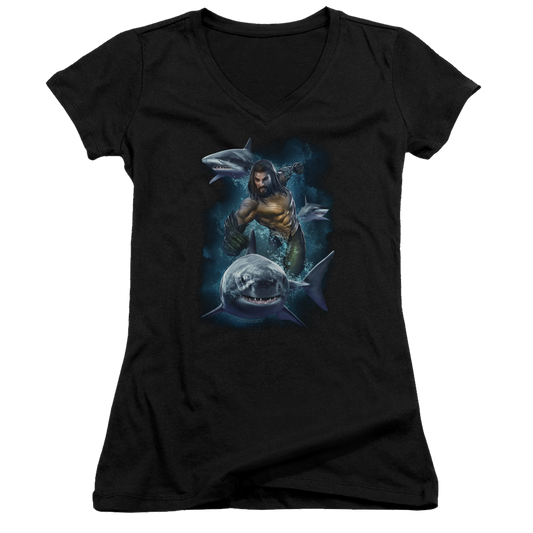Aquaman Movie Swimming With Sharks - Juniors V-Neck T-Shirt