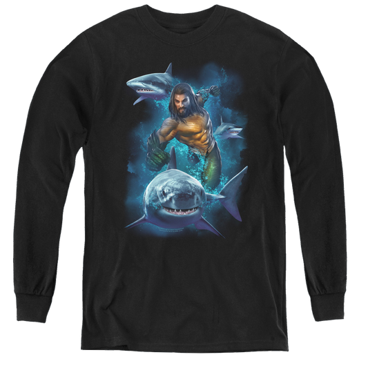 Aquaman Movie Swimming With Sharks - Youth Long Sleeve T-Shirt