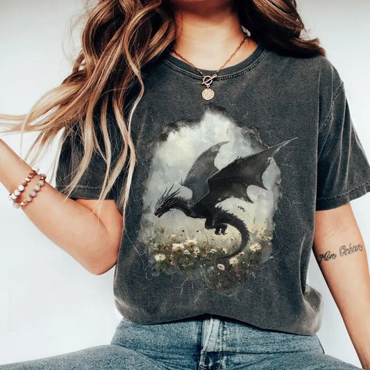 Abraxos Flower T-Shirt, Fantasy Dragon Bookish Shirt, Boho Wildflowers Cottagecore Shirt, Book Lover Gift, Book Club Gift Shortsleeve Cotton Casual Crewneck