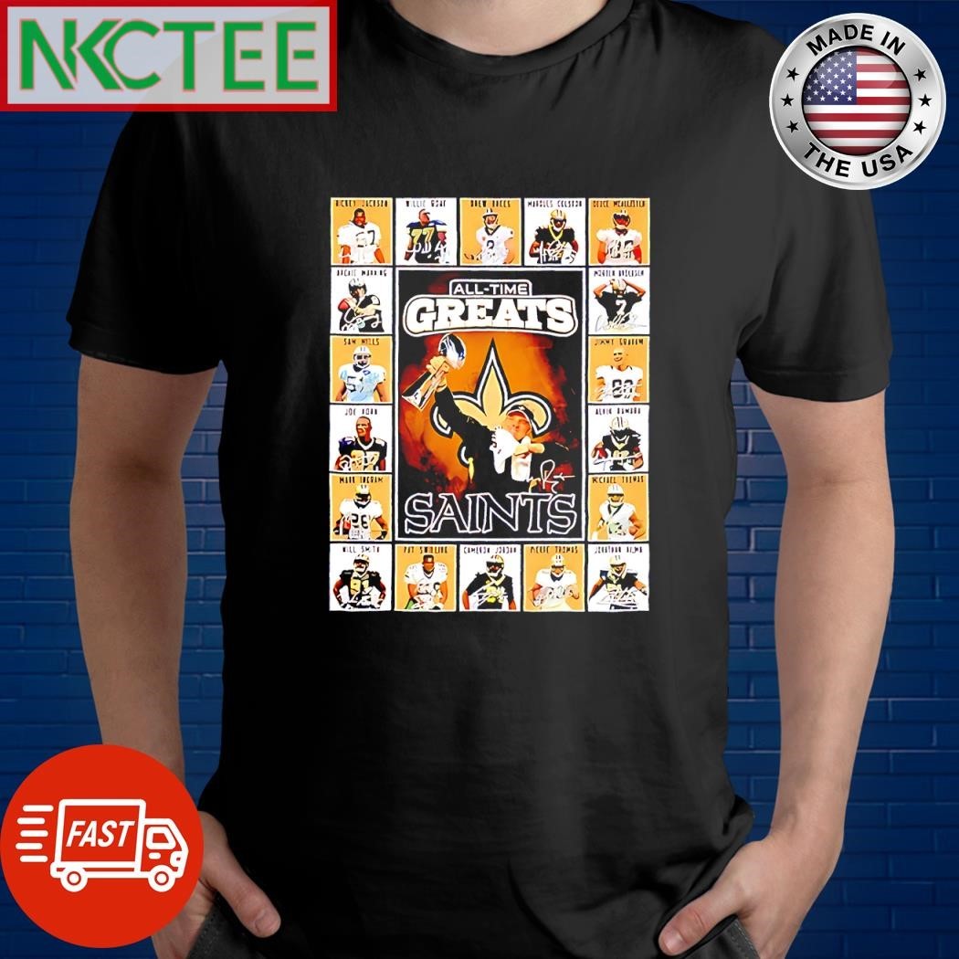 All time greats New Orleans Saints Ricky Jackson Willie Roaf Drew Brees Marques Colston signatures shirt