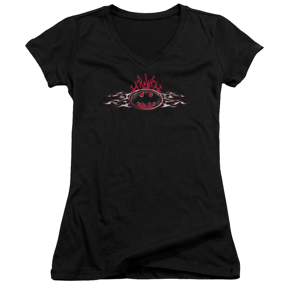 Batman Steel Flames Logo - Juniors V-Neck T-Shirt
