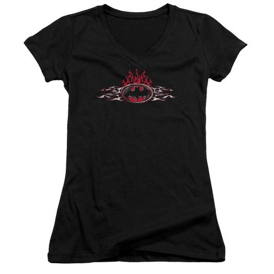 Batman Steel Flames Logo - Juniors V-Neck T-Shirt