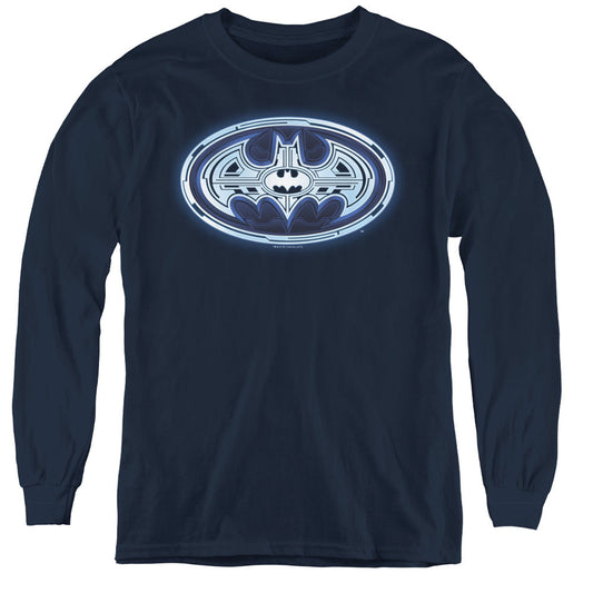 Batman Cyber Bat Shield Long Sleeve Kids Youth T Shirt Navy Blue