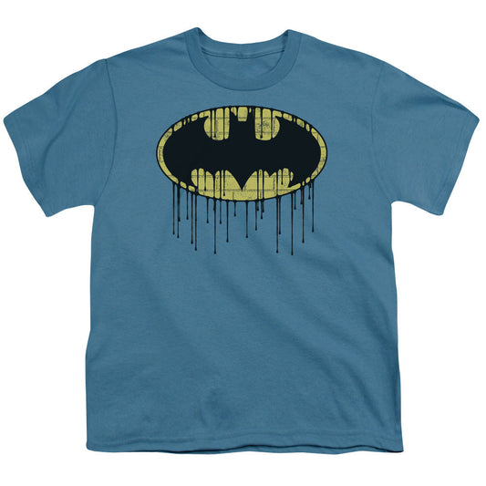 Batman Dripping Brick Wall Shield Kids Youth T Shirt Slate