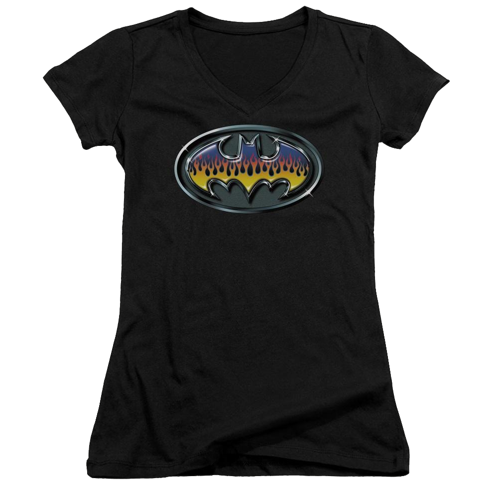 Batman Hot Rod Shield - Juniors V-Neck T-Shirt
