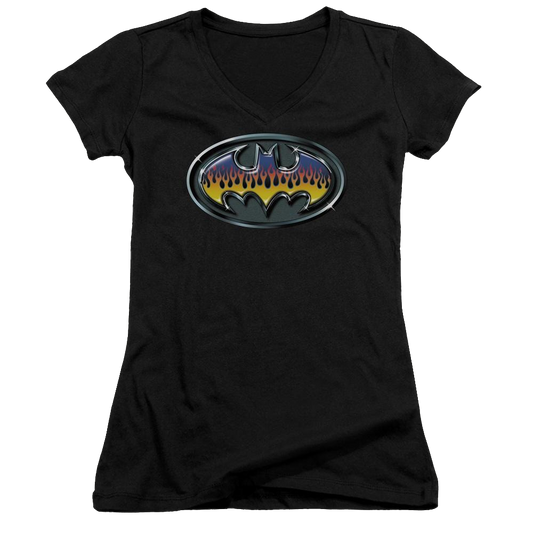 Batman Hot Rod Shield - Juniors V-Neck T-Shirt