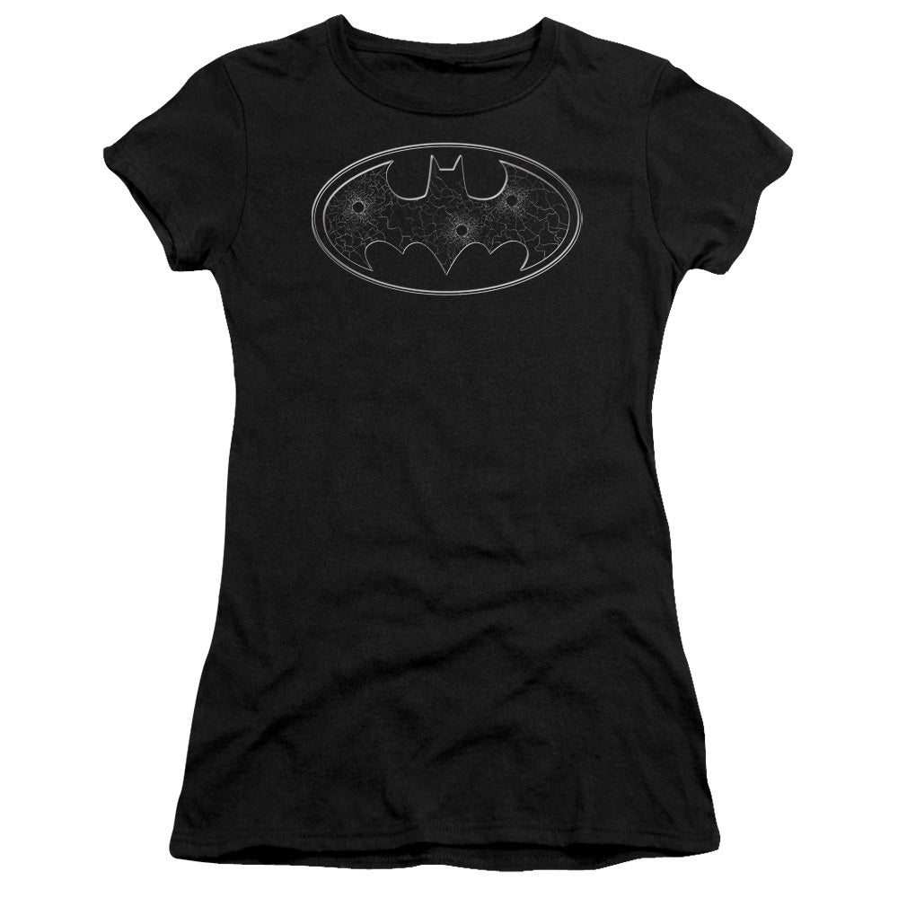 Batman Glass Hole Logo Junior Sheer Cap Sleeve Womens T Shirt Black