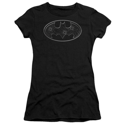 Batman Glass Hole Logo Junior Sheer Cap Sleeve Womens T Shirt Black