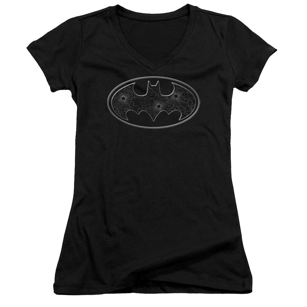 Batman Glass Hole Logo - Juniors V-Neck T-Shirt