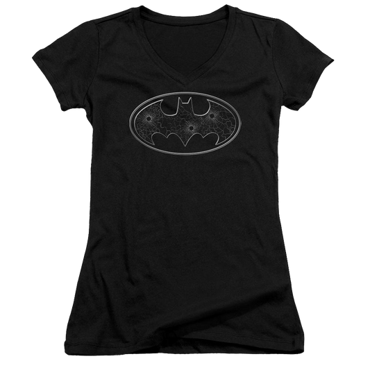 Batman Glass Hole Logo - Juniors V-Neck T-Shirt