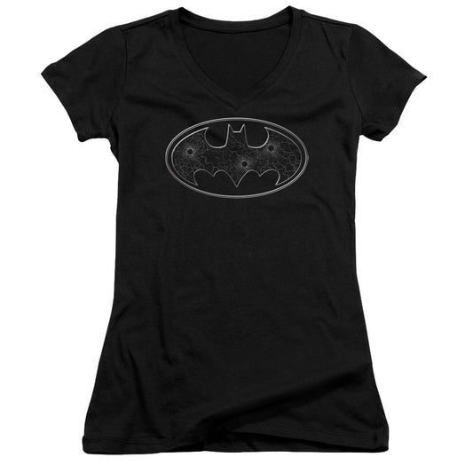 Batman Glass Hole Logo Junior Sheer Cap Sleeve V Neck Womens T Shirt Black